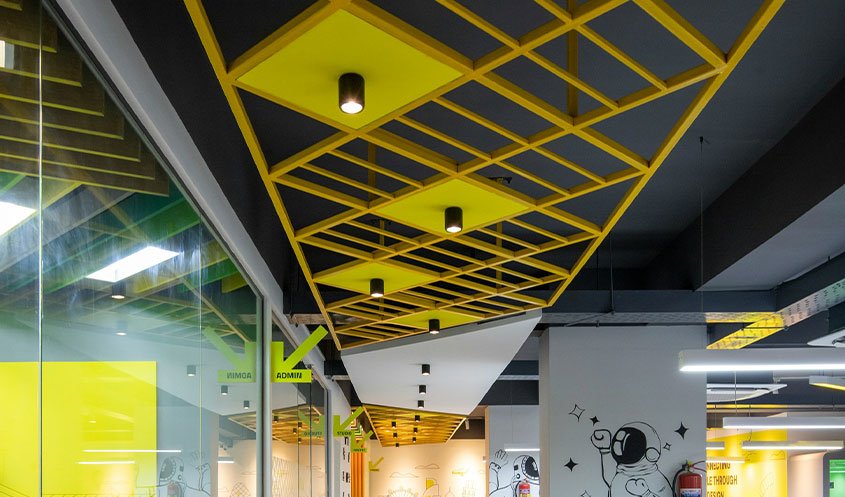 Ceiling decor solutions such as drop ceiling tiles, suspended ceiling systems, and ceiling paint.