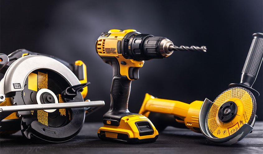 Collection of powerful electric tools including drills, saws, and grinders.